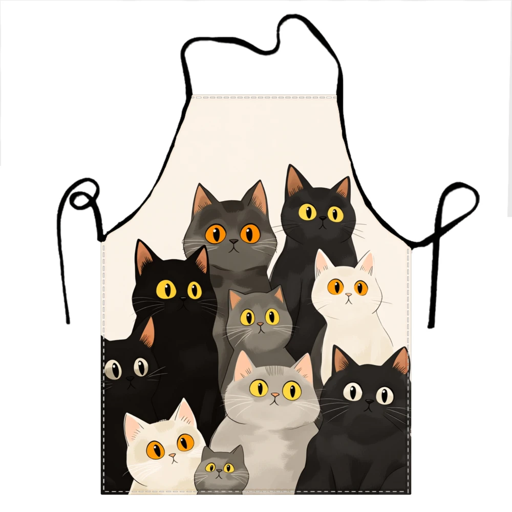 1 Stück Niedliche Katzenfamilie Schürze Beige Cartoon-Katzen und Kätzchen Aufdruck Küchen-Kochschürze Backschürze für Zuhause und Partys Wasserdichte Schürze