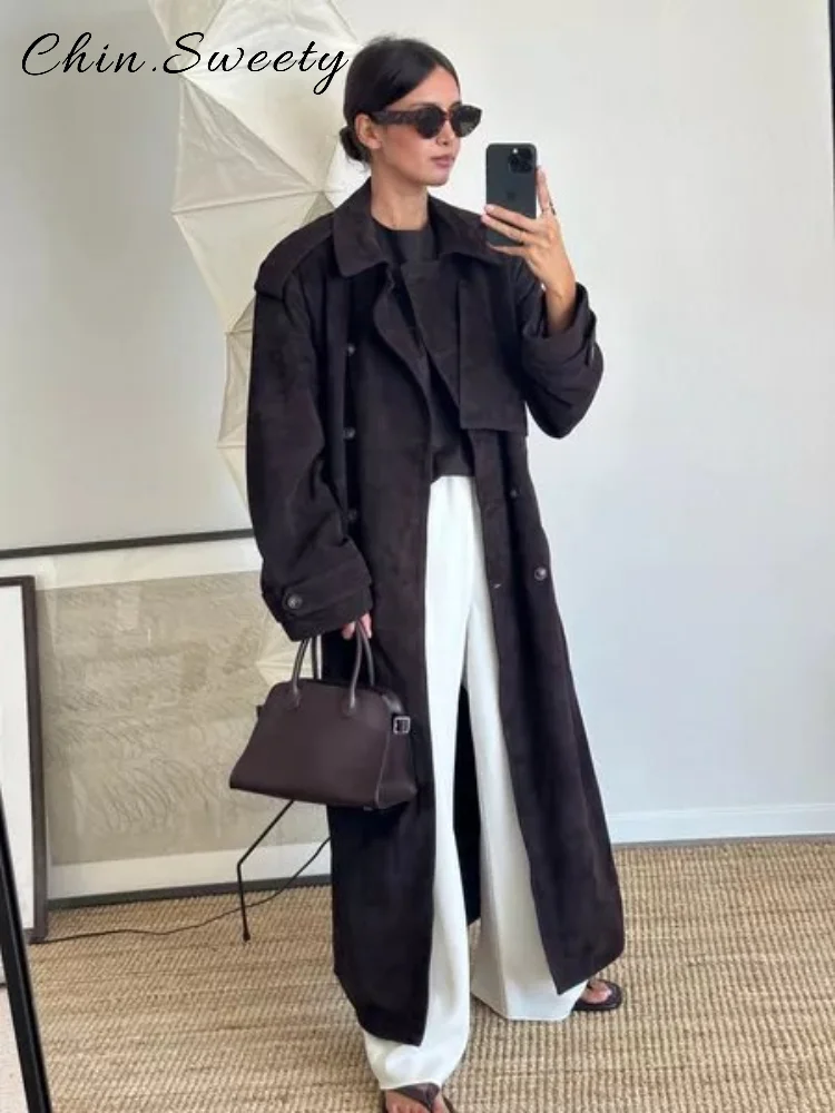 

Элегантный женский двубортный длинный плащ с поясом, свободные лацканы, карманы с длинными рукавами, пальто, осень 2021, женская верхняя одежда