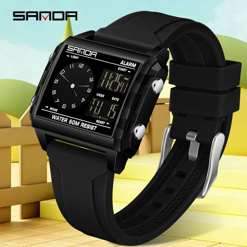 SANDA Fashion Electronic Watches for Man 5Bar Waterproof Sports Clock Outdoor Casual LED Luminous Digital Chronograph Watch