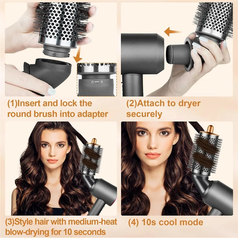 ABDJ-다이슨 초음속 헤어 드라이어용 대형 원형 볼류마이징 브러시 부착물 및 어댑터, 볼륨마이징 헤어용 360 회전 가능