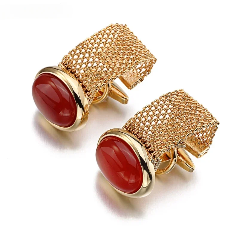 

High End Cufflinks Men Fixed Nails Oval Red Agate Blue Sandstone Chain Exquisite French Wedding Banquet Business Gifts