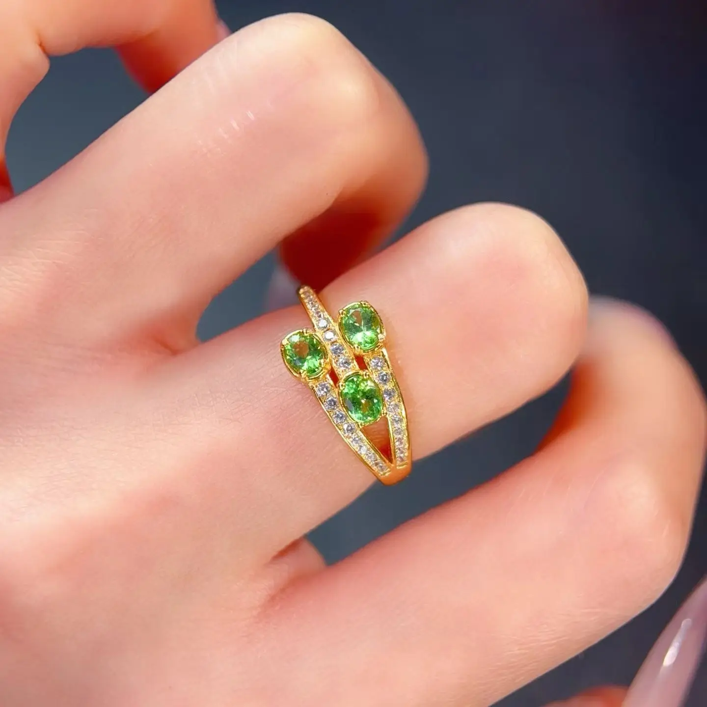 925 Silver Three Gemstones Ring 3x4mm Natural Tsavorite Ring with Certificate Silver Tsavorite Jewelry with 18K Gold Plating