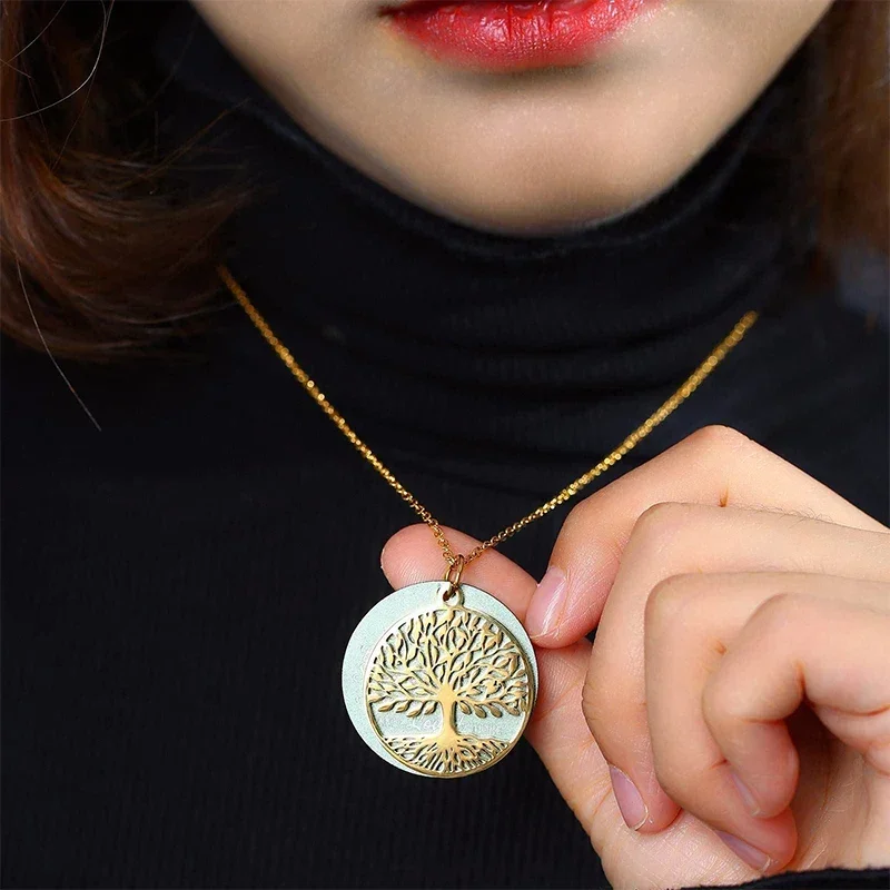 

Trendy Stainless Steel necklace for women Colorful Circle And Life Tree Two Pieces Pendant Necklaces Rolo Chain18''+2'' 1.5mm