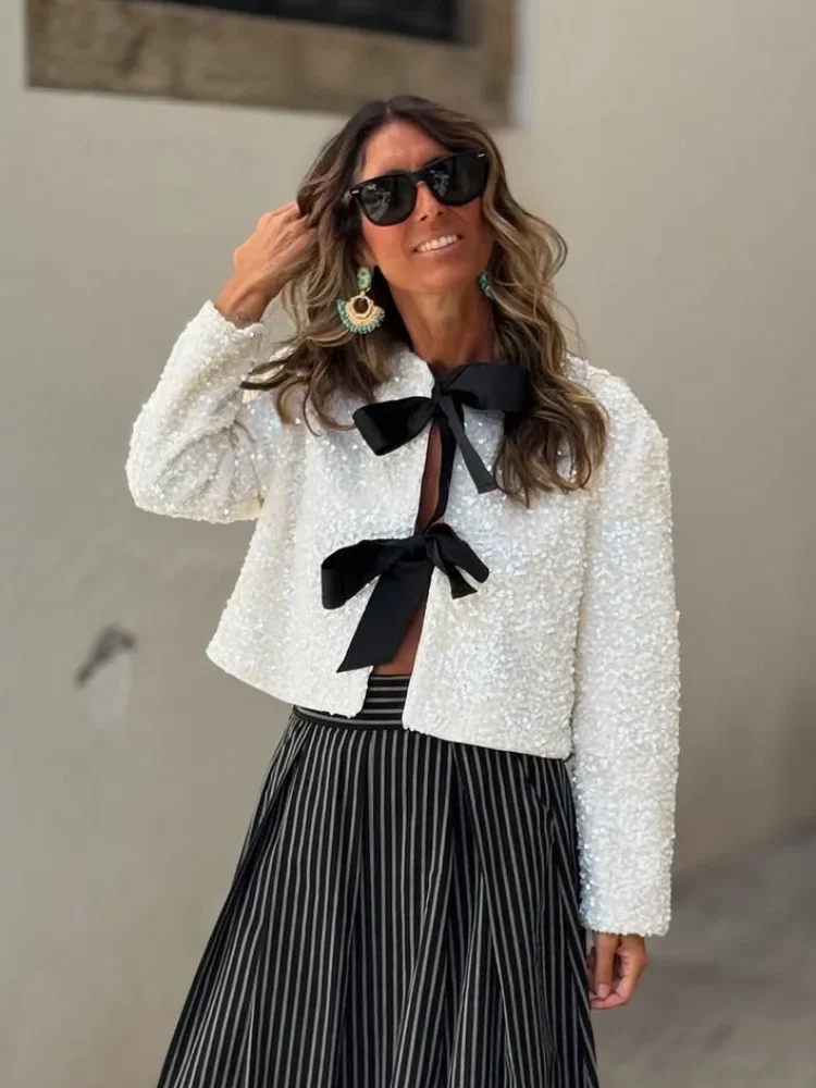 

Women Elegant Sequin Lace Up Cropped Jacket Fashion O-neck Long Sleeve Loose Short Coat 2025 Autumn Female High Street Outwear
