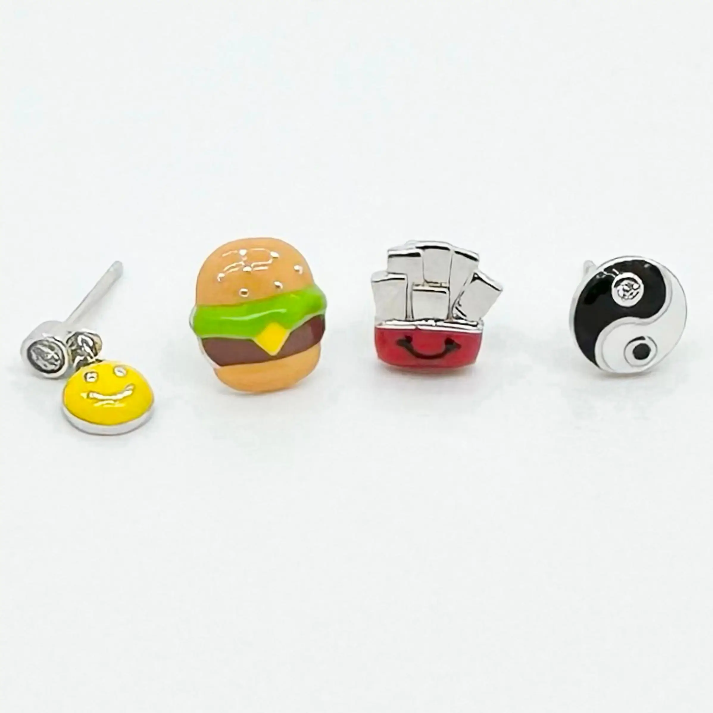 

925 Sterling Silver Smile Face Hamburger French Fries Tai Chi Logo Earstuds Cartoon Stud Earrings For Women Girls Jewelry Gifts