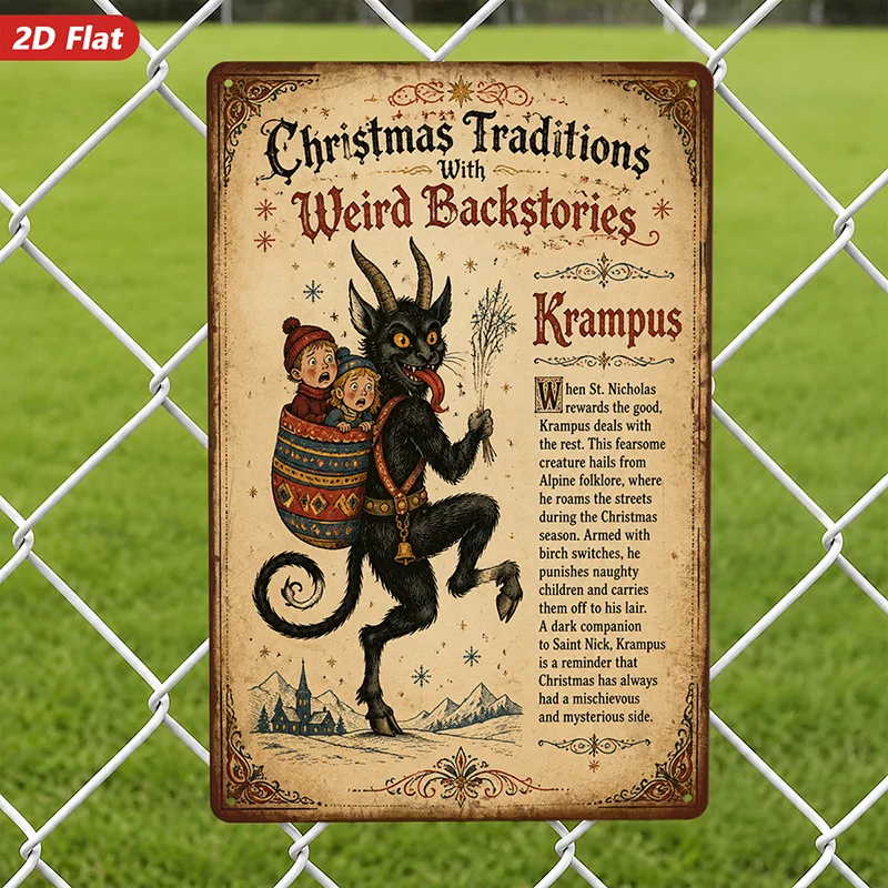 2D Flat, 1pc Metal Sign Wall Art, Christmas Decor Home Decor, Vintage Style, Demon And Child Pattern, Krampus Text,