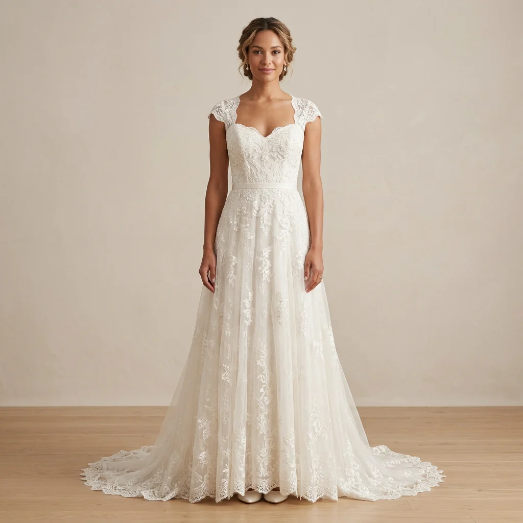 Sweetheart Neck Cap Sleeve Lace A Line Wedding Dress Satin Waistband Chapel Train Bridal Gown
