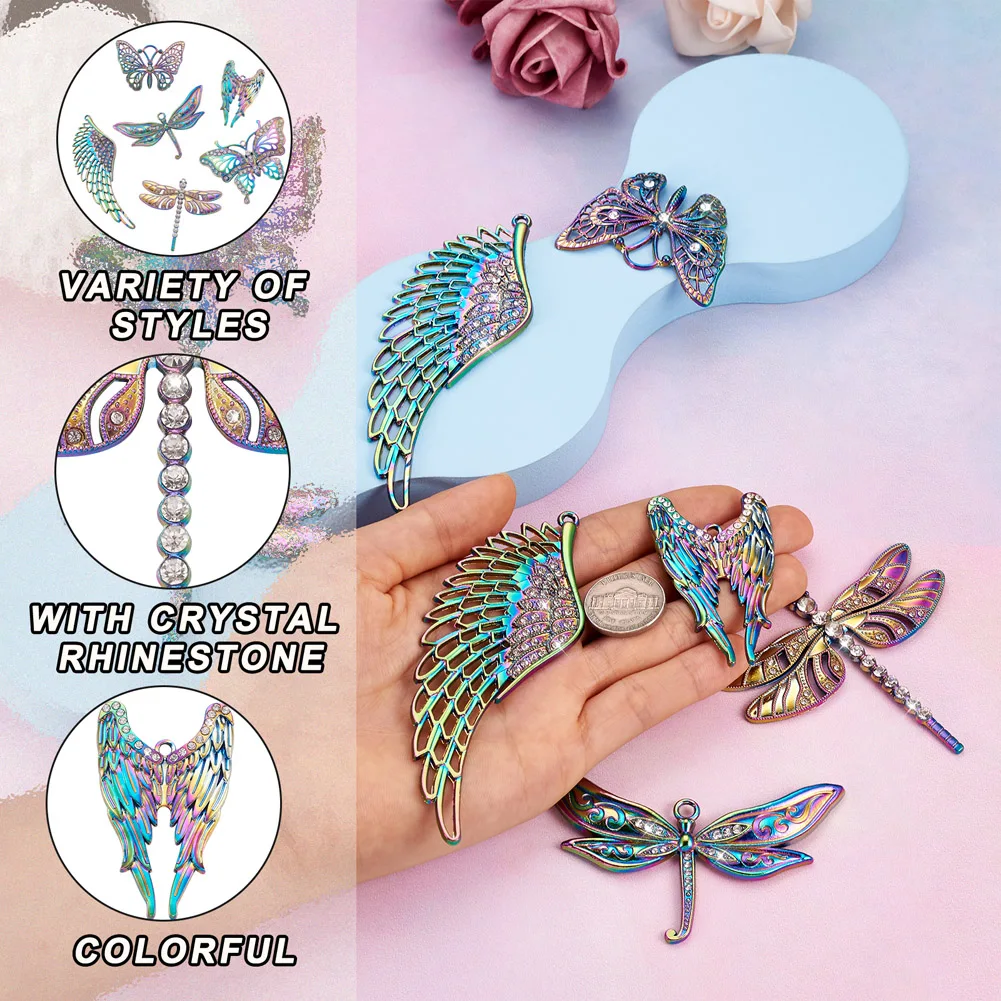 Kissitty 12Pcs Dragonfly Wing Butterfly Rack Plating Rainbow Color Alloy Big Pendants with Crystal Rhinestone for Jewelry Making