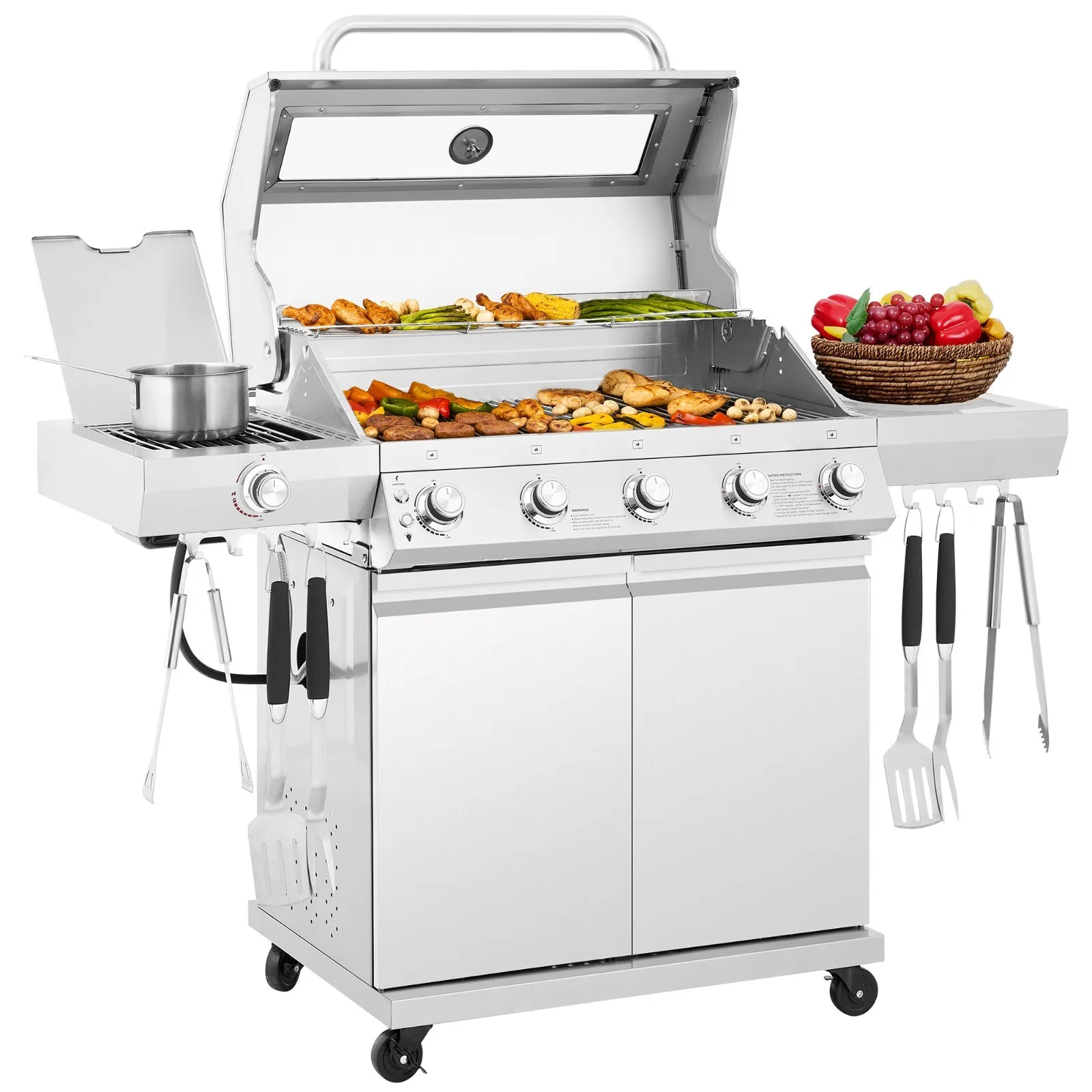 

Deluxe 5-Burner Gas Grill, 72,000 BTU/Visible Upper Cover, Silver