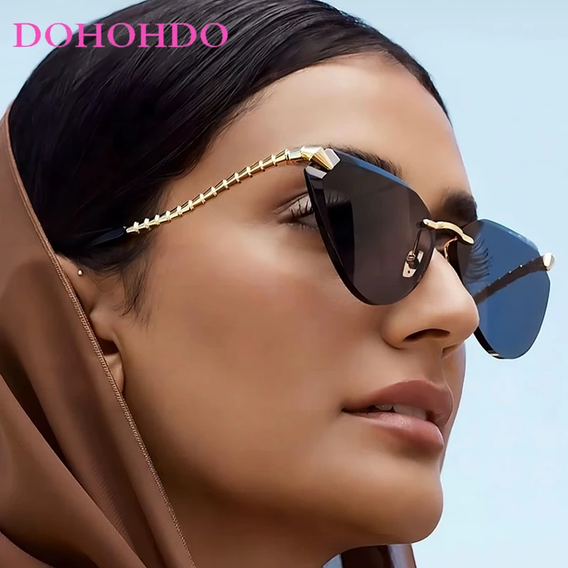 

DOHOHDO Diamond Cut Cat Eye Gold Metal Rimless Sunglasses Women Men Luxury Designer Lens Sun Glasses Shades Retro Eyewear UV400