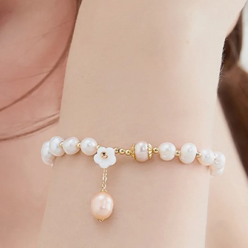 

Minar Exquisite Genuine Freshwater Pearl White Shell Flower Strand Bracelets for Women 14K Real Gold Copper Chain Accessories