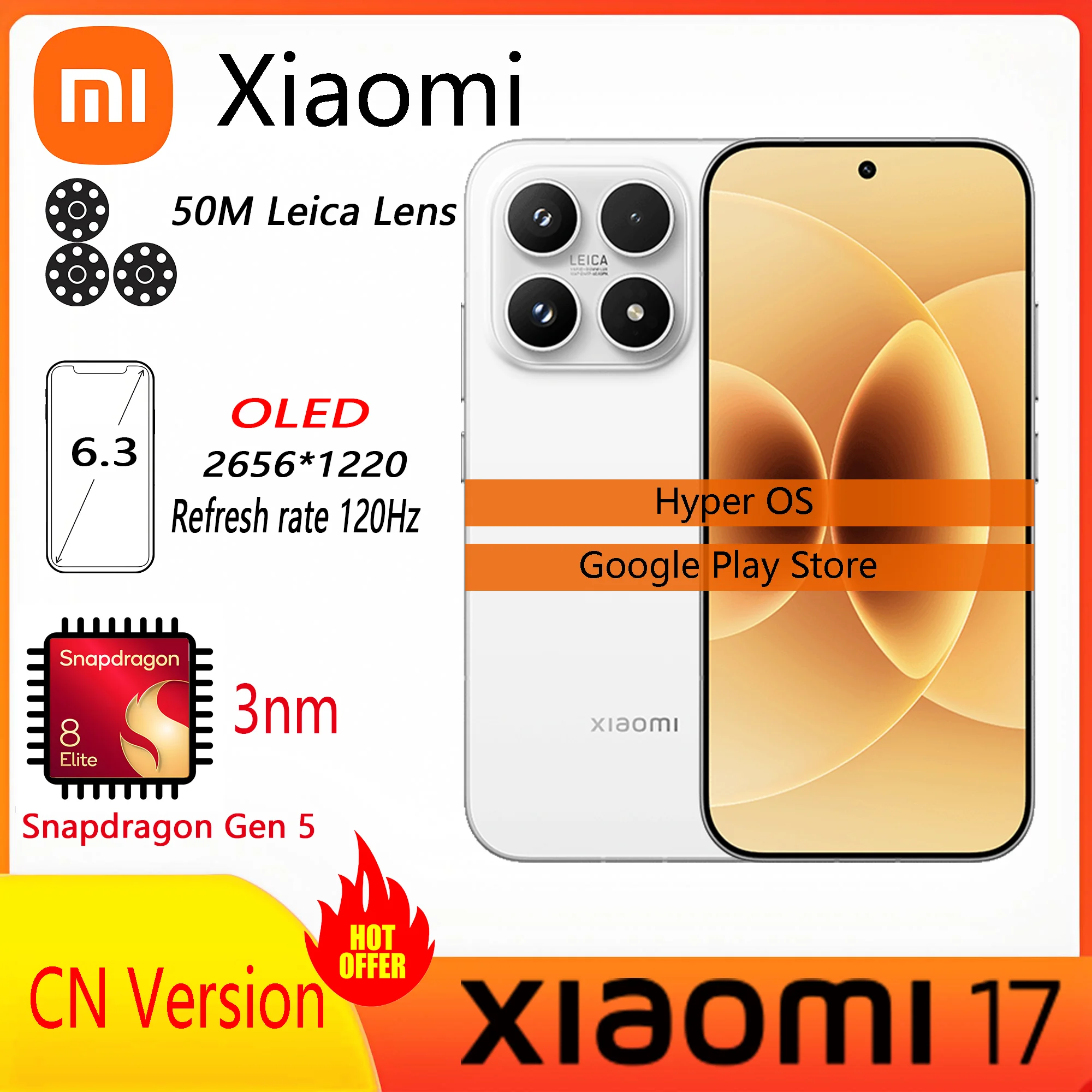 العلامة التجارية الجديدة Xiaomi 17 الهاتف الذكي CN الإصدار Snapdragon 8 Elite Leica 6.3 "OLED عرض 50MP كاميرا 7000mAh بطارية 100W Hyper NFC
