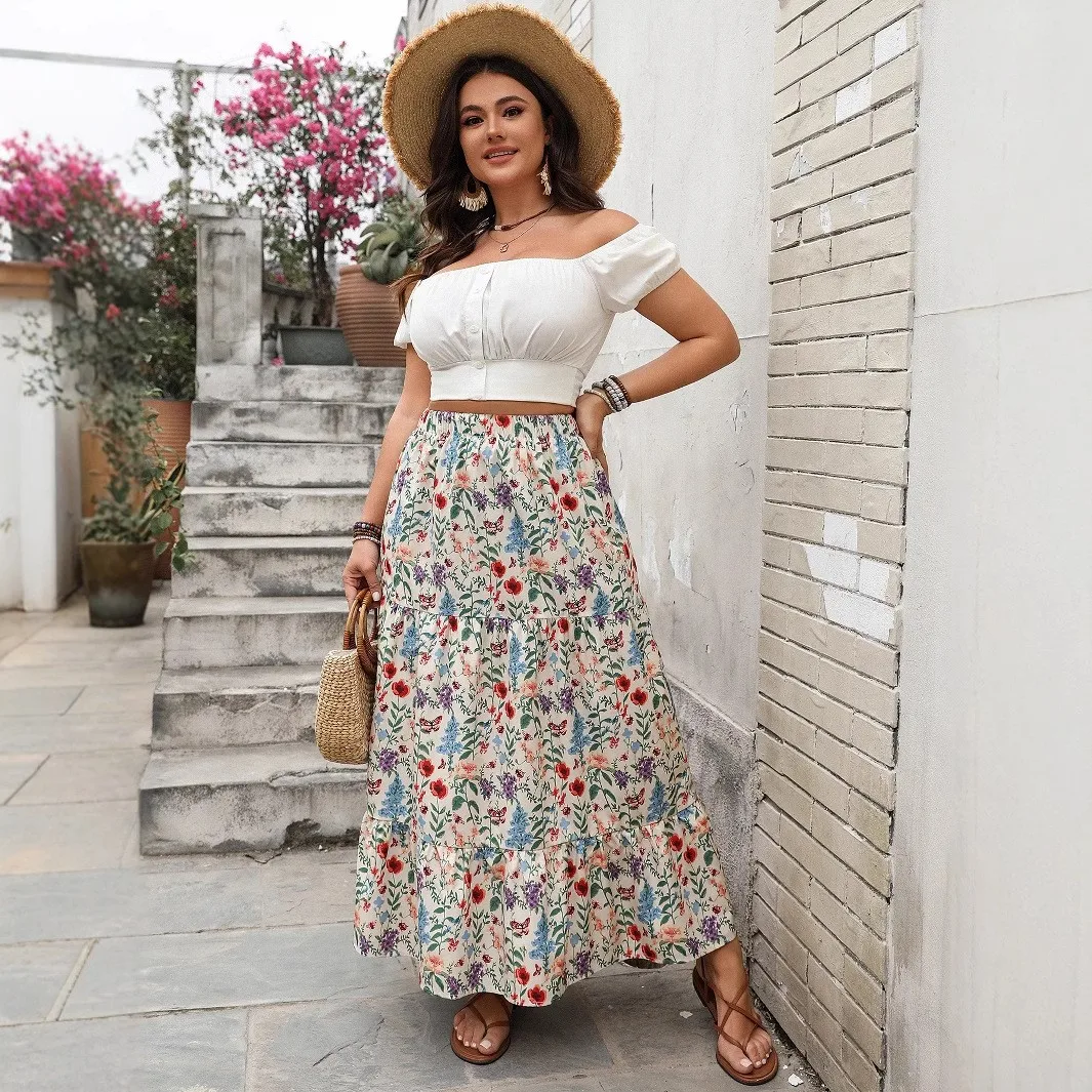 Summer Women Y2K Skirt Floral Print Ruffle Gathered Skirts Long Length Tiered Maxi Skirt High Waist Butterfly Print Skirt