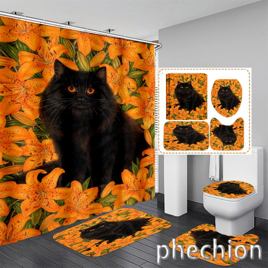 New 3D Print Cat Shower Curtain Waterproof Bathroom Curtain Anti-slip Bath Mat Set Toilet Rugs Carpet VR50