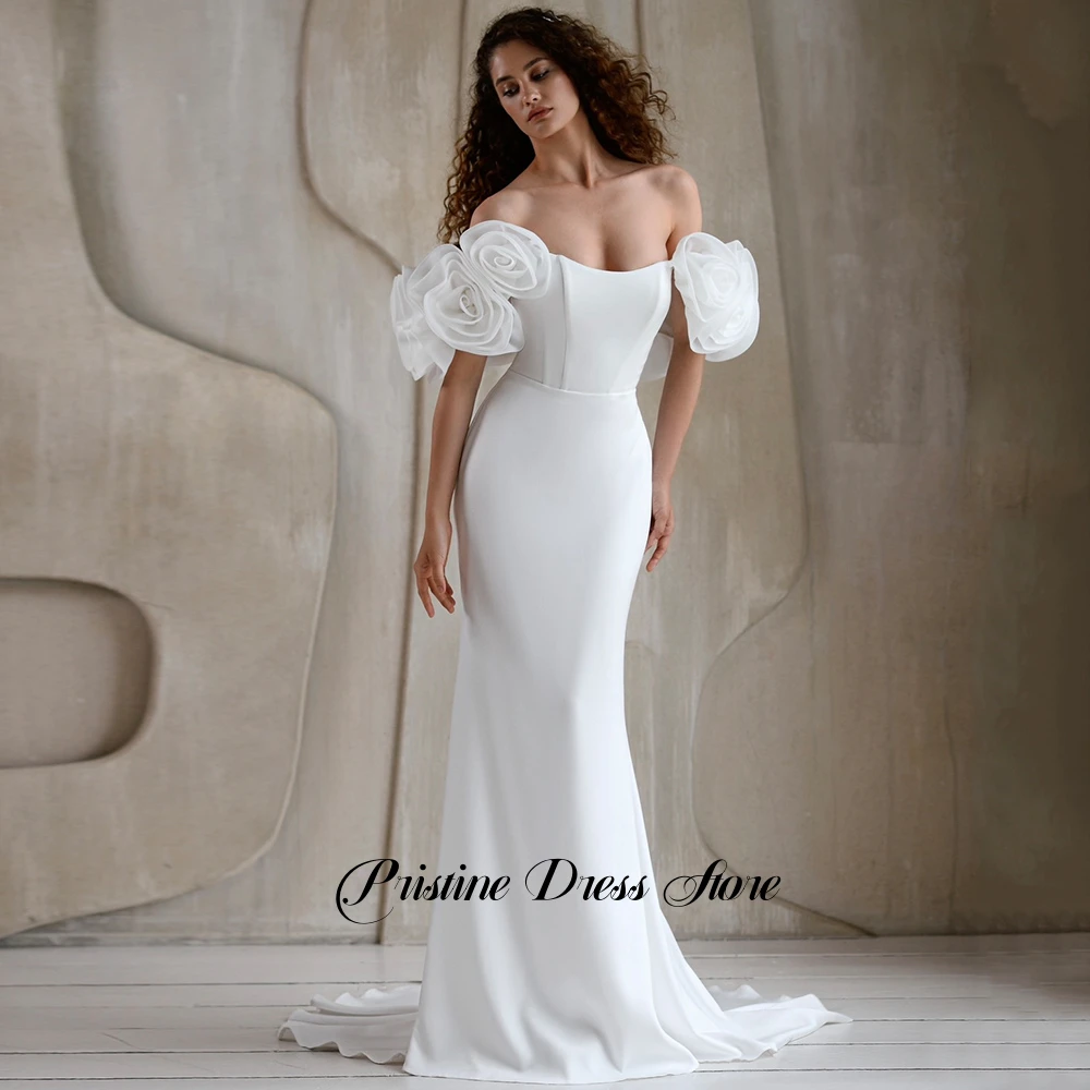 فستان زفاف رومانسي حورية البحر بدون حمالات مع زهور مكشوفة الكتف مخصصة باللون الأبيض من الجيرسيه فساتين زفاف ذيل محكمة #4