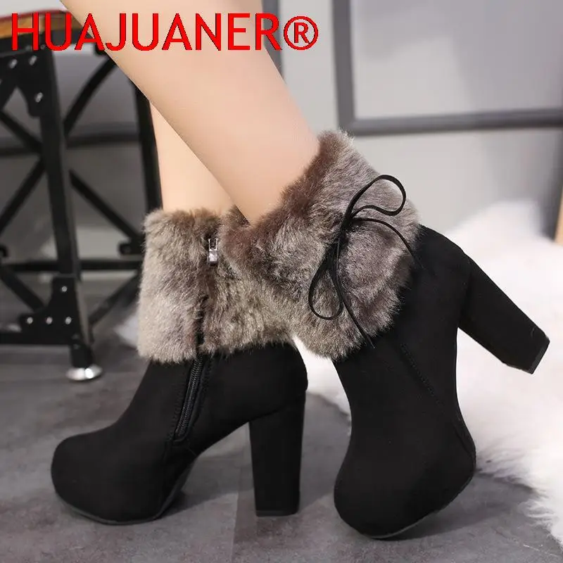 الشتاء أحذية حذاء نسائي بكعب عالٍ الأحذية الفراء أحذية دافئة أحذية الموضة للنساء الشتاء عالية الكعب سوبر مربع عالية الكعب 10 سنتيمتر #2