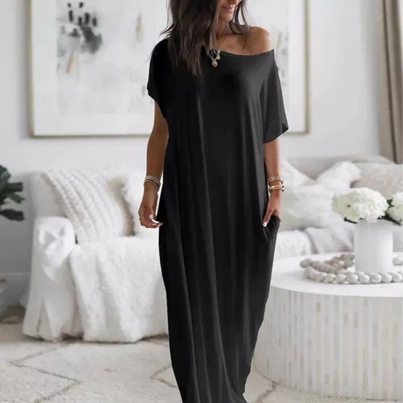

Elegant Solid Nightgown Plus Size Short-Sleeve Slash-Neck Shirt Dress Comfortable Relaxed Fit Women's Summer Nightshirt Homewear