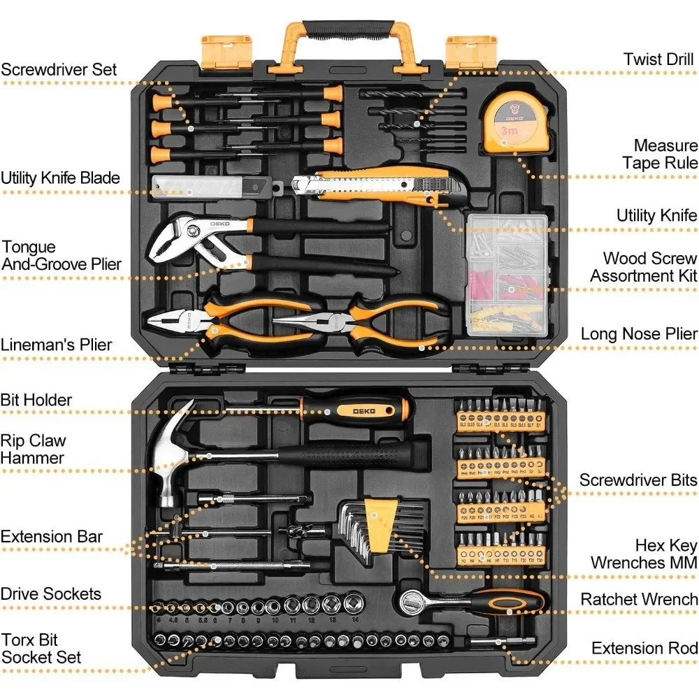 196 Piece Toolbox, General Household Hand Tool Kit with Rip Claw Hammer, Lineman's Plier, Measure Tape Rul,