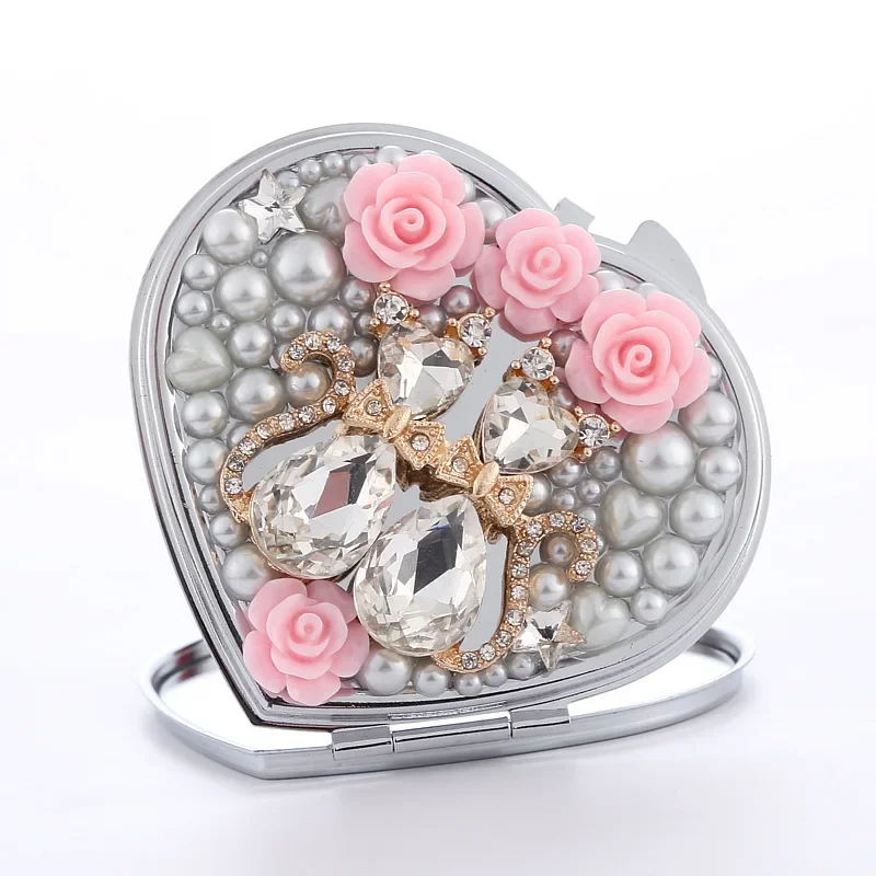 Exquisite Love Metal Small Pocket Makeup Mirror Pearl Flower Couple Cat Double-sided Portable Mirror Espejo De Maquillaje