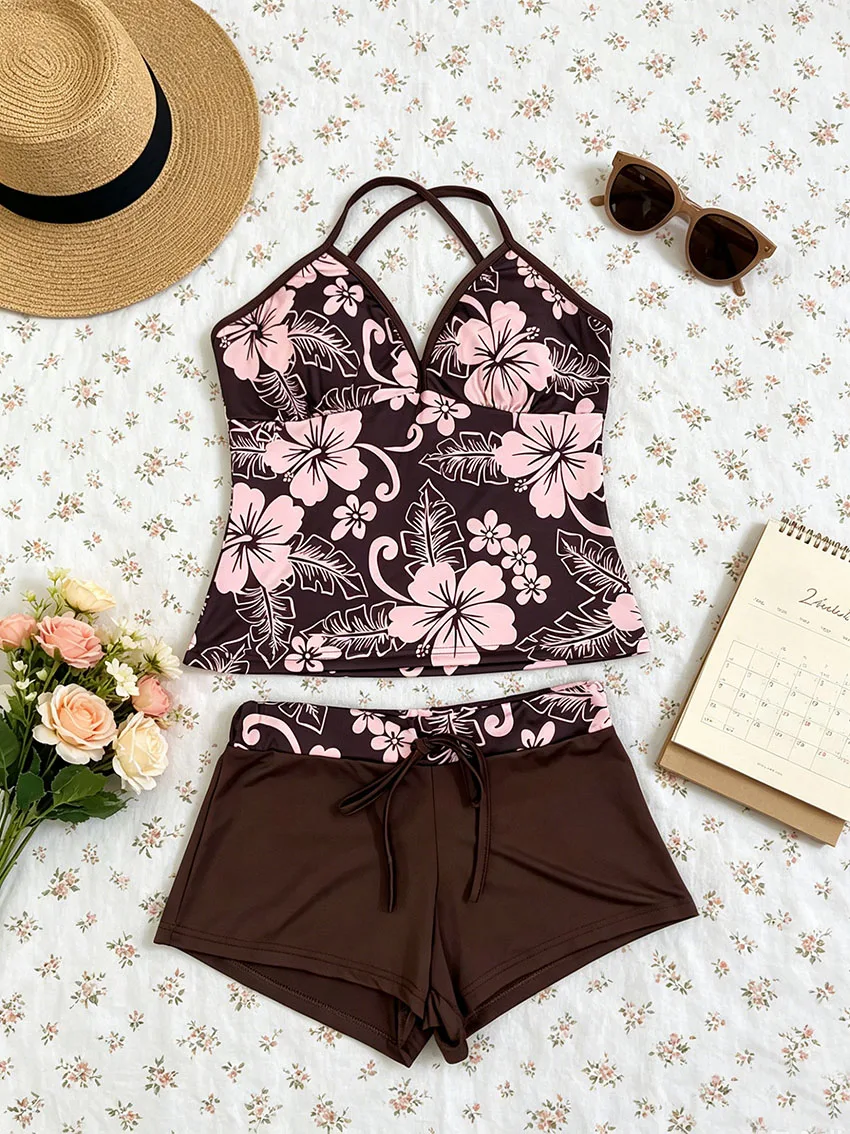 Y2K Ladies Tropical Hibiscus Matching Suit V Neck Cross Back Thin Strap Tank Top Solid Drawstring Shorts Daily Beach Two Piece view 4