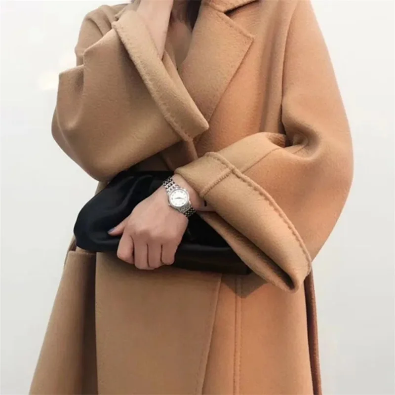 Casual Big Size Solid Water Ripple Wool Women Long Loose Double-sided Cashmere Coat Lapel Belt Warm Jacket Fashion Spring Autumn