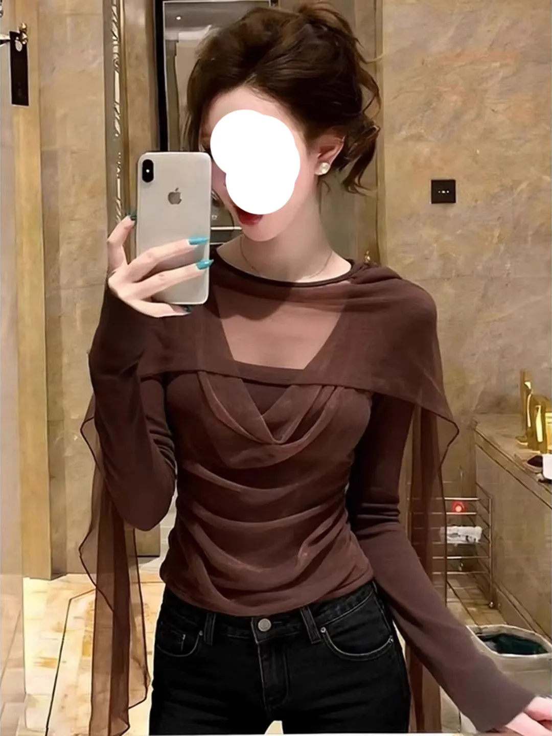 

Chic Long Sve T-irt Women's Coffee Lace Splicing Spring Faion American Sle Waist Cinched Polyester Fiber round Ne