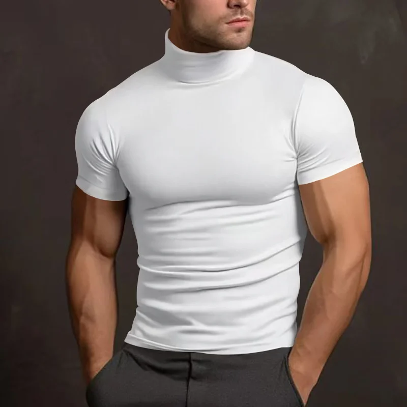 New Men's T-Shirt Sport Leisure Running Gym High Collar Shirt Training Elastic Quick Drying Short Sleeve T-Shirt Men Tight Tops