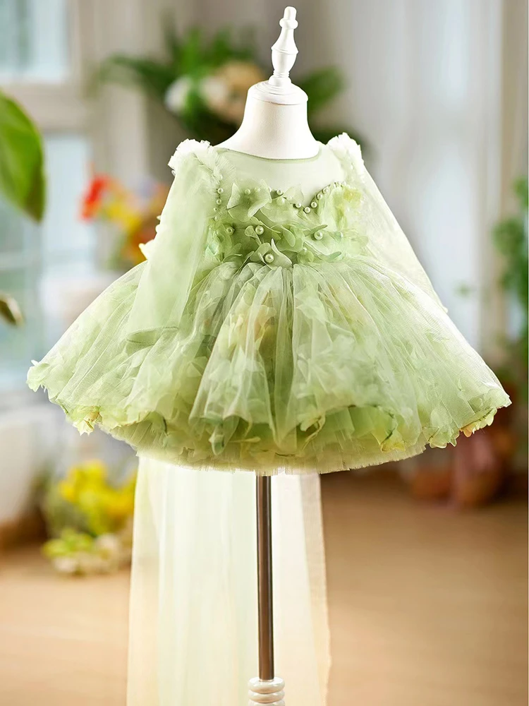 

Girl's Flower Fairy One-year-old Dress Mori Style Light Luxury Three-dimensional Flower Birthday Princess Dress Long Tail Green