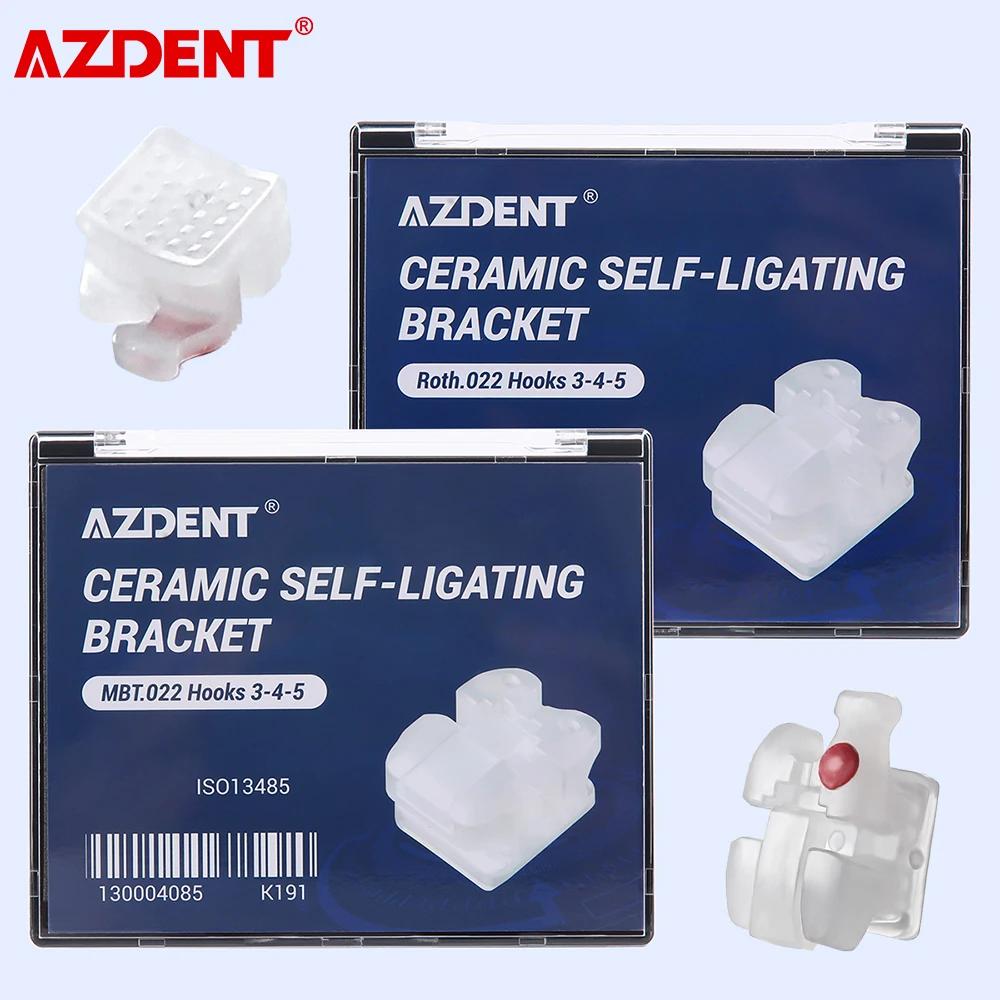 AZDENT Dental Bracket Orthodontic Braces Self-Ligating Ceramic Bracket Clear Roth/MBT 0.022 Hooks 345 with Opening Tool