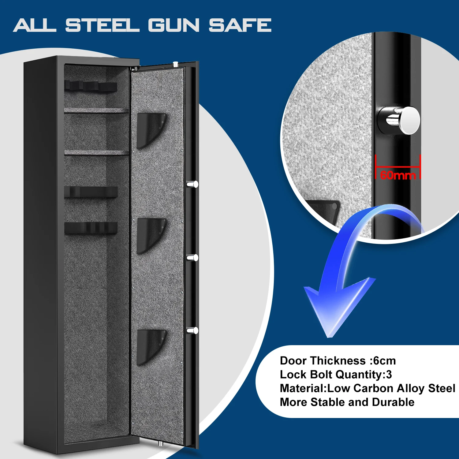 Kavey Quick Access 5 Rifle Gun Safe with Silent Mode and 2 Adjustable Shelves, Gun Cabinet with 3 Adjustable Gun Slots