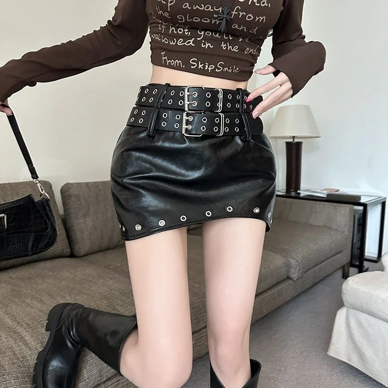 

Double Belt Design Hip Wrap Spice Girl Short Skirt Women Sexy High Waist Pu Leather Mini Skirts
