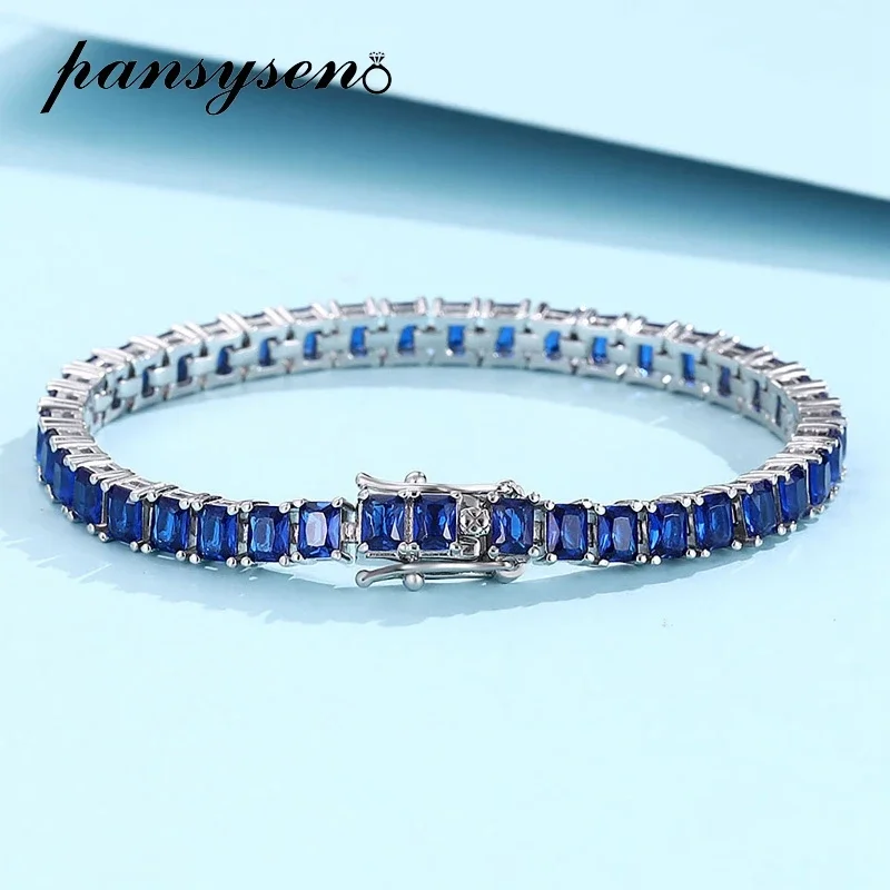 PANSYSEN Vintage 100% 925 Sterling Silver Sapphire Gemstone Charm Bracelets for Womem Men Anniversary Party Fine Jewelry Gift