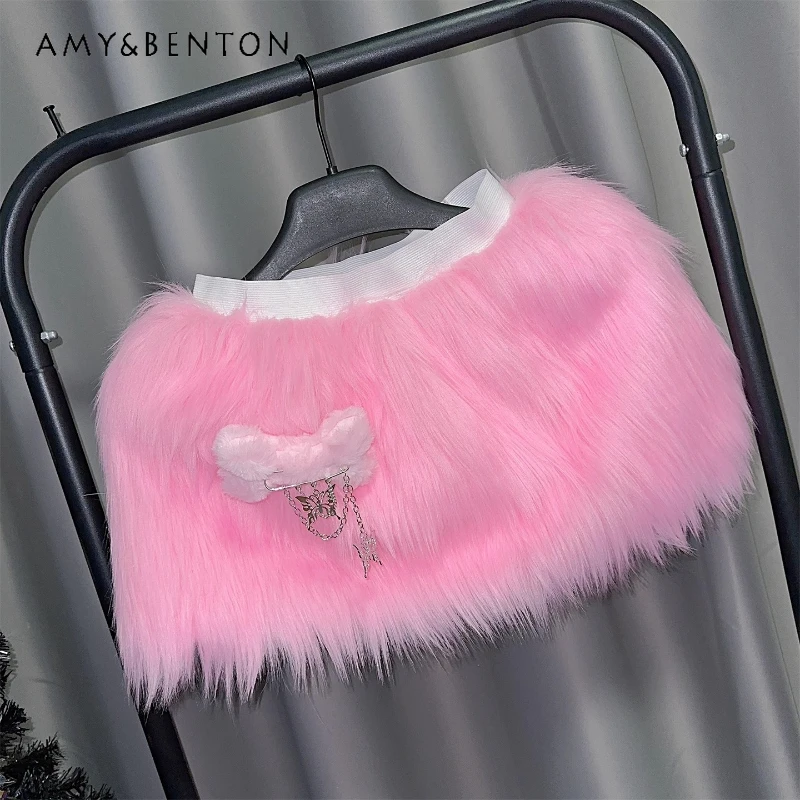

Autumn Winter New Y2K Hot Girl Subculture Faux Fur Short Skirt Gothic Design Thickened Elastic Waist Pin Short Skirts Ladies