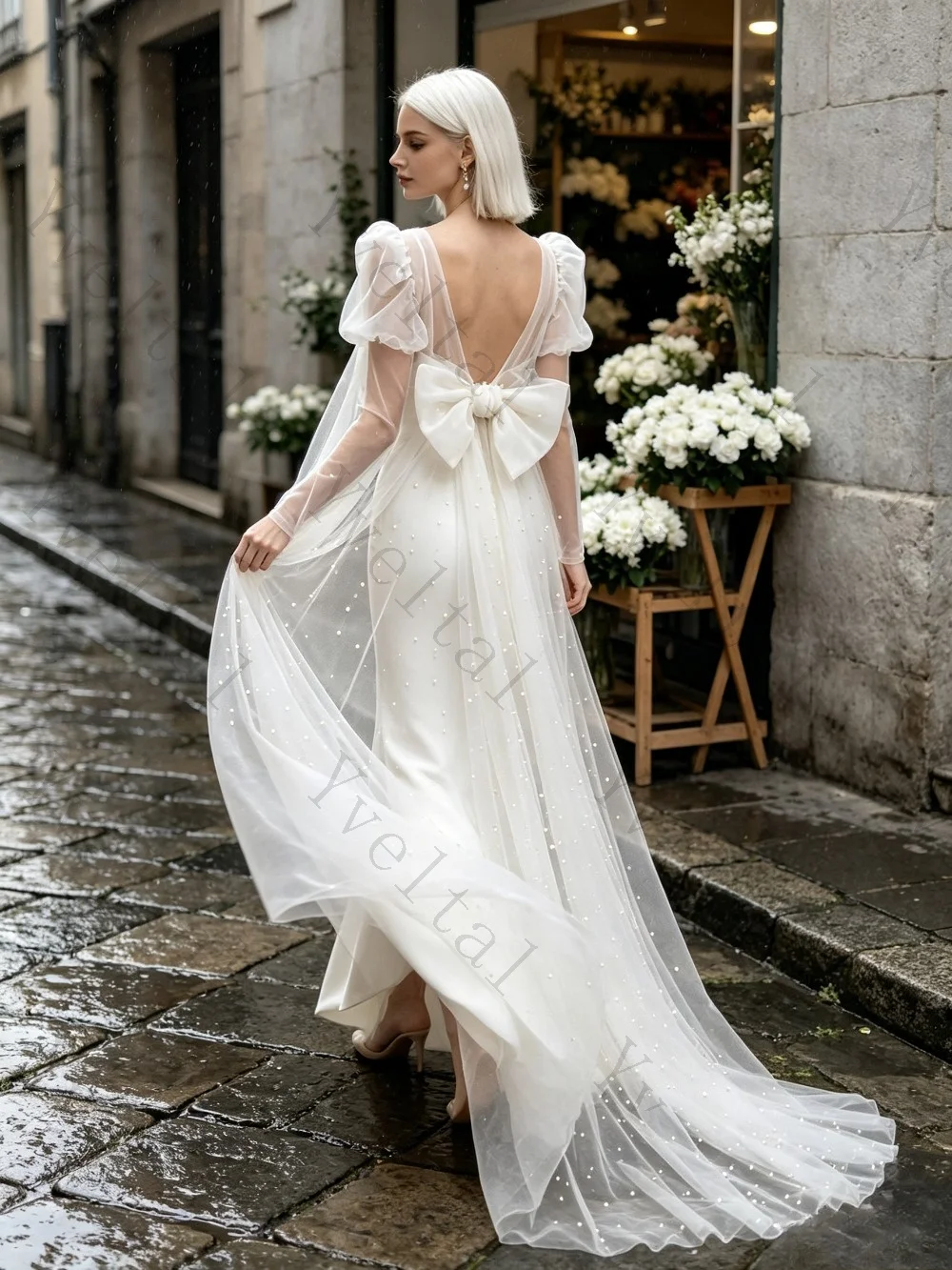 Customized Elegant Temperament Square Neck Luxurious Satin Fluffy Sleeve Wedding Dresses with Large Bow Enchanting Bridal Gown
