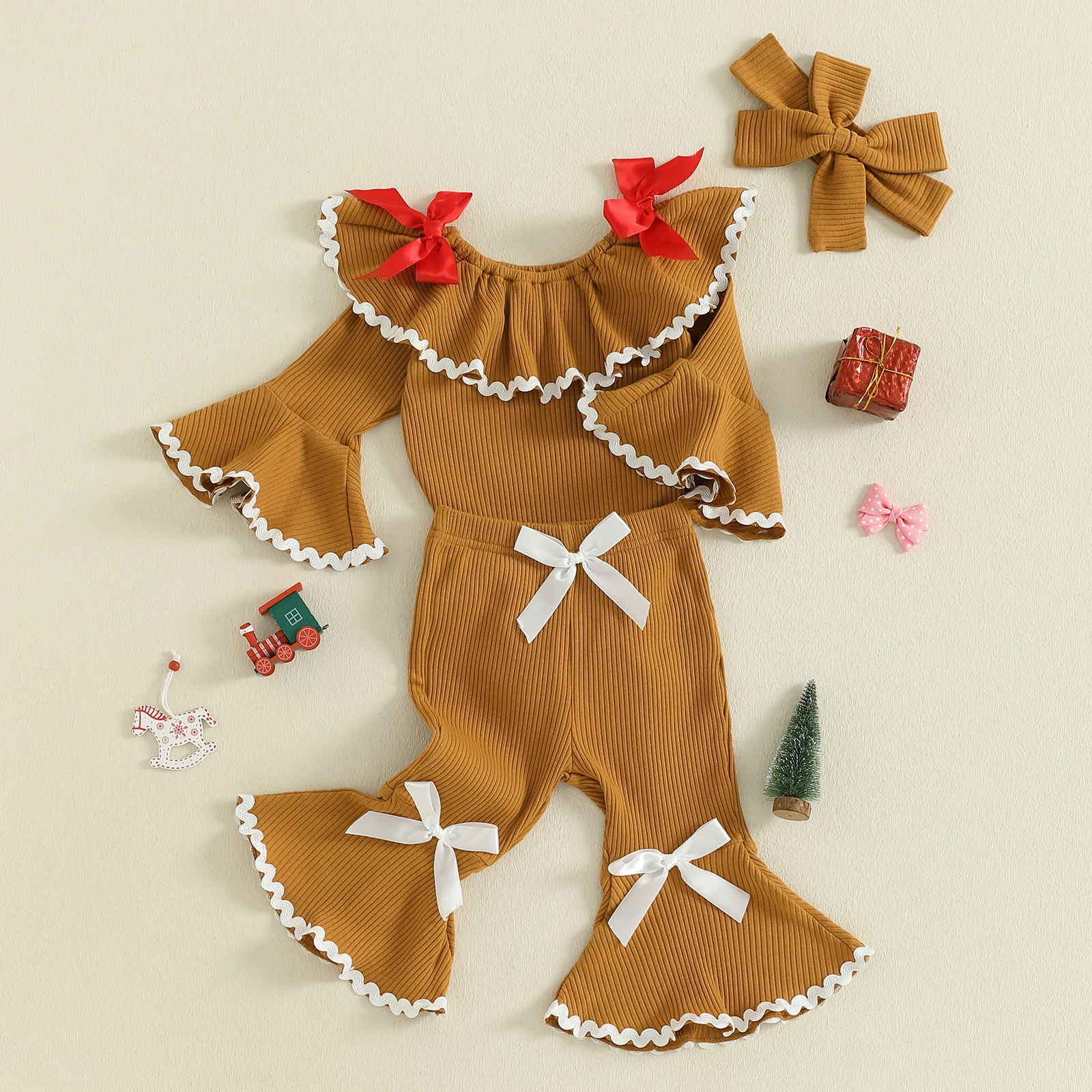 

My First Christmas Baby Girl Outfit Newborn Ribbed Knit Gingerbread Romper Bell Bottoms Set Infant Clothes