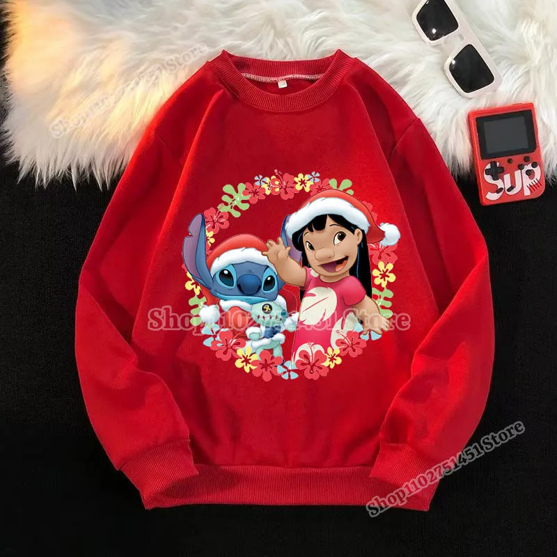 Disney Stitch Print Sweatshirts kid Christmas Festive Pullovers Round Neck Hoody Autumn Sweater Harajuku Street Cartoon Cute Top