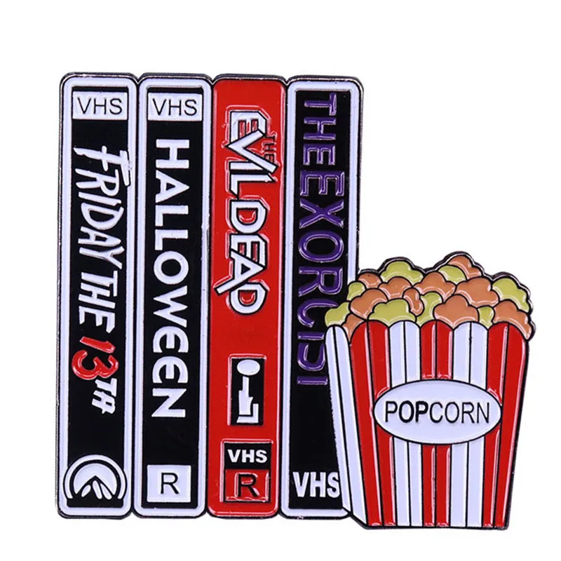 Vintage Video Tape Enamel Pin Horror Movie Badge Mens Backpack Pin Brooch Halloween Punk Accessories Gift