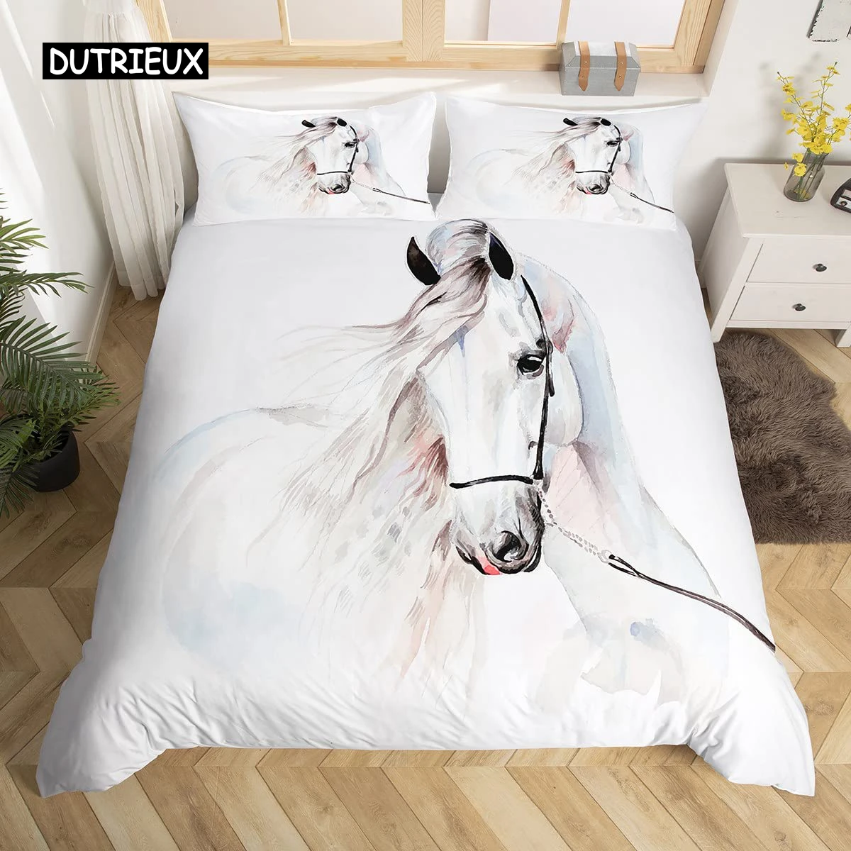 White Horse Duvet Cover Set Queen Size Microfiber 3D Steed Print Bedding Set Wildlife Comforter Cover Animal 2/3pcs Quilt Cover