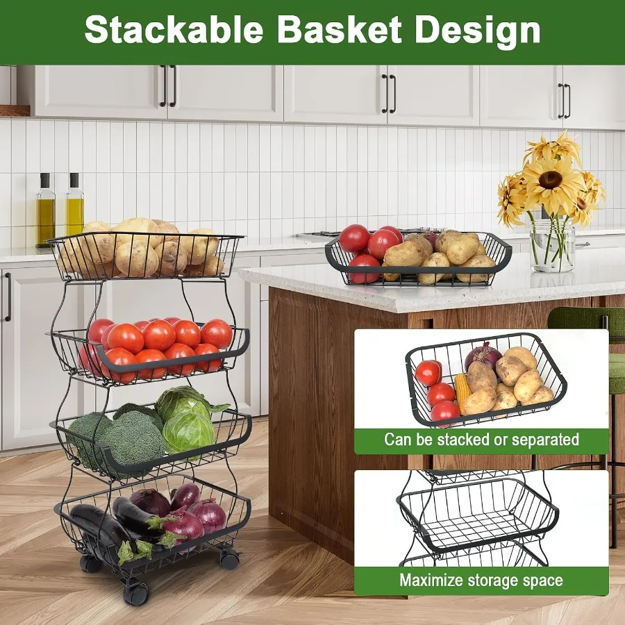 Fruit Vegetable Storage Basket Kitchen Fruit Vegetable Storage Cart 4 Tier Stackable Metal Wire Storage Baskets with Wheels Pro