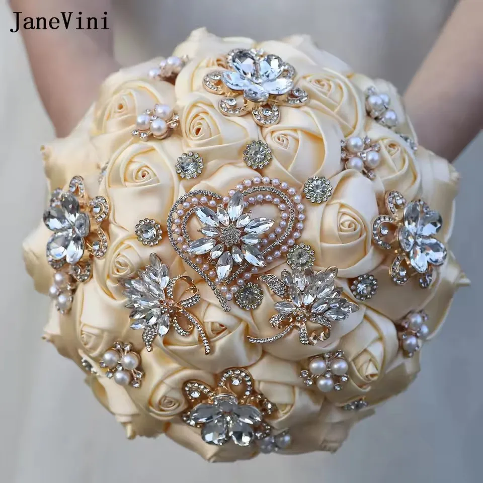 

JaneVini Luxury Crystal Pearls Wedding Bouquet Bride Bridesmaid Apricot Roses Rhinestone Bridal Bouquets Buque Noiva Casamento
