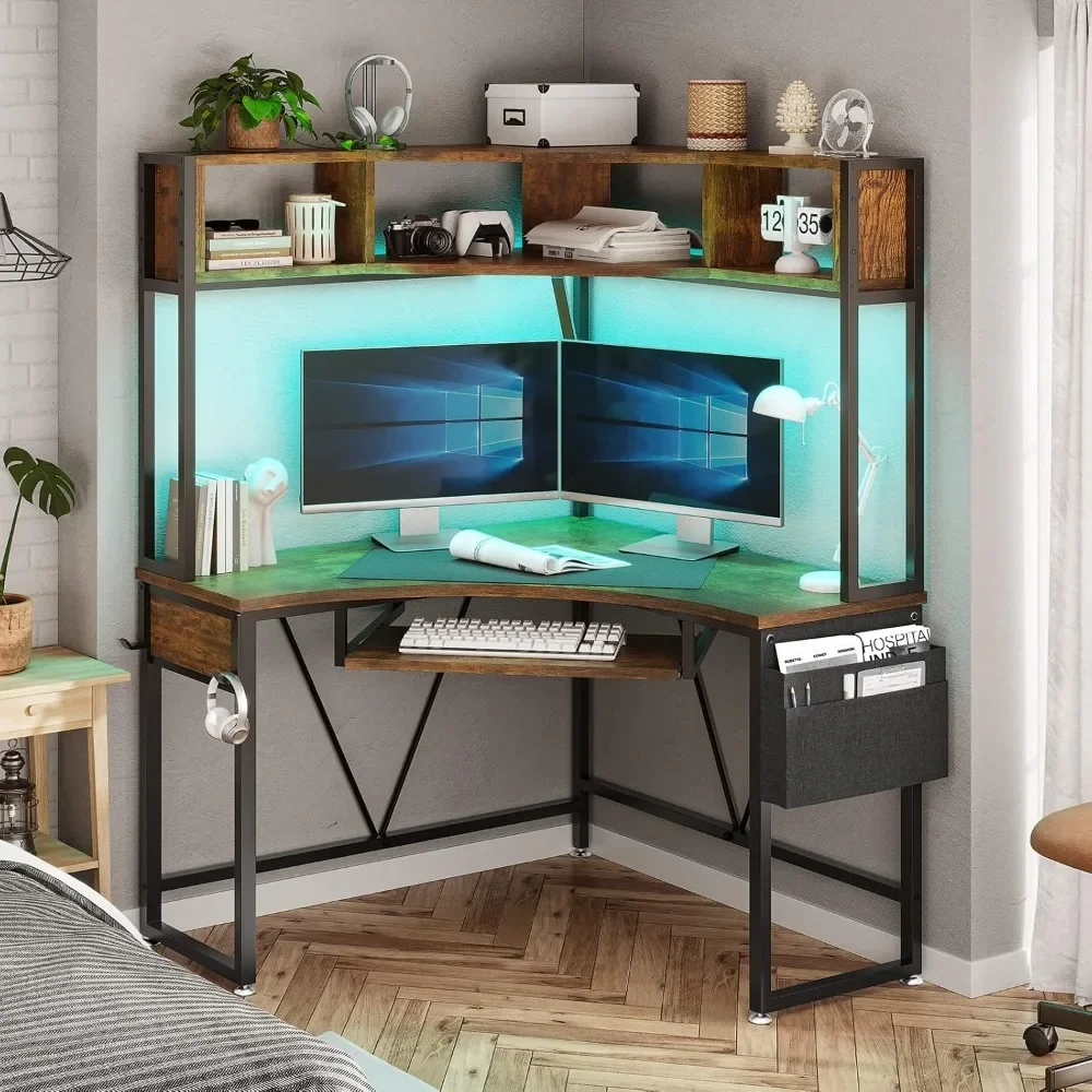 Corner Desk, Small Computer Desk with Hutch & LED Lights, Triangle Corner Computer Desk with Keyboard Tray, Storage Bag