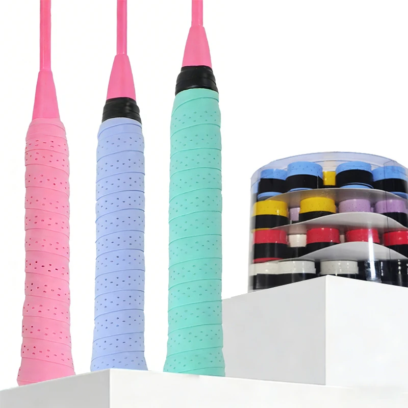 

60 шт./лот, 1.2 м перфорированный овергрип для ракеток, 0.6 мм с отверстиями, впитывающий пот, липкий обмоточный материал для бадминтона, тенниса, падела, сквоша