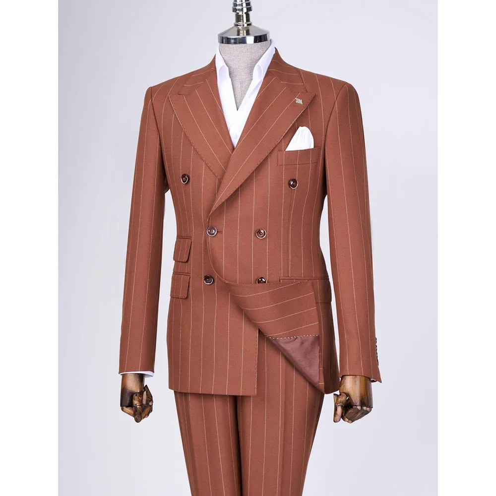 

Grid Men Suits Double Breasted 2 Pieces Jacket Pant Peak Lapel High Quality Business Male Clothing Classic Fashion Stylish