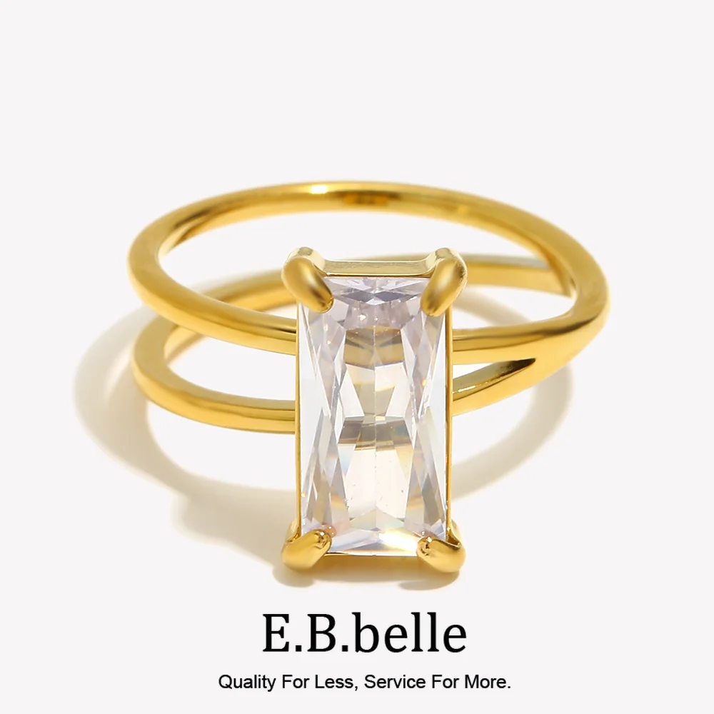 E.B.belle Double Layer Asymmetric Rectangular Rhinestone Ring Waterproof 18K Gold Plated Stainless Steel Jewelry For Ladies