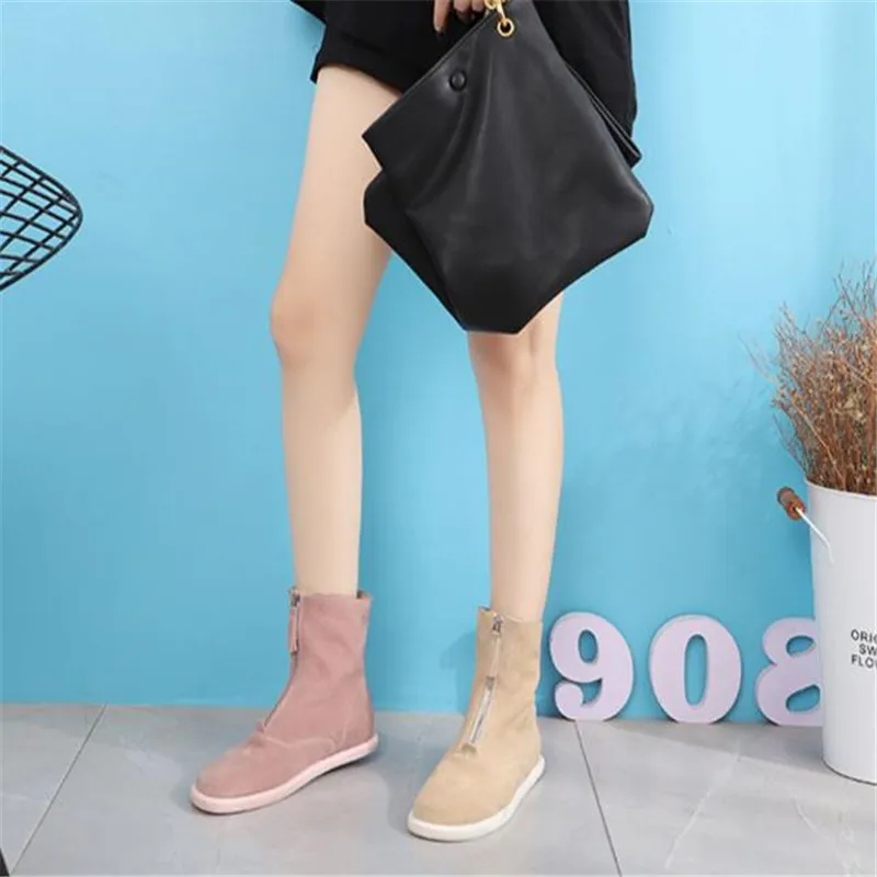 Spring and Autumn New Leather Front Zipper Flat-bottomed Motorcycle Single Boot Leather Short Tube Retro Fashion student boots