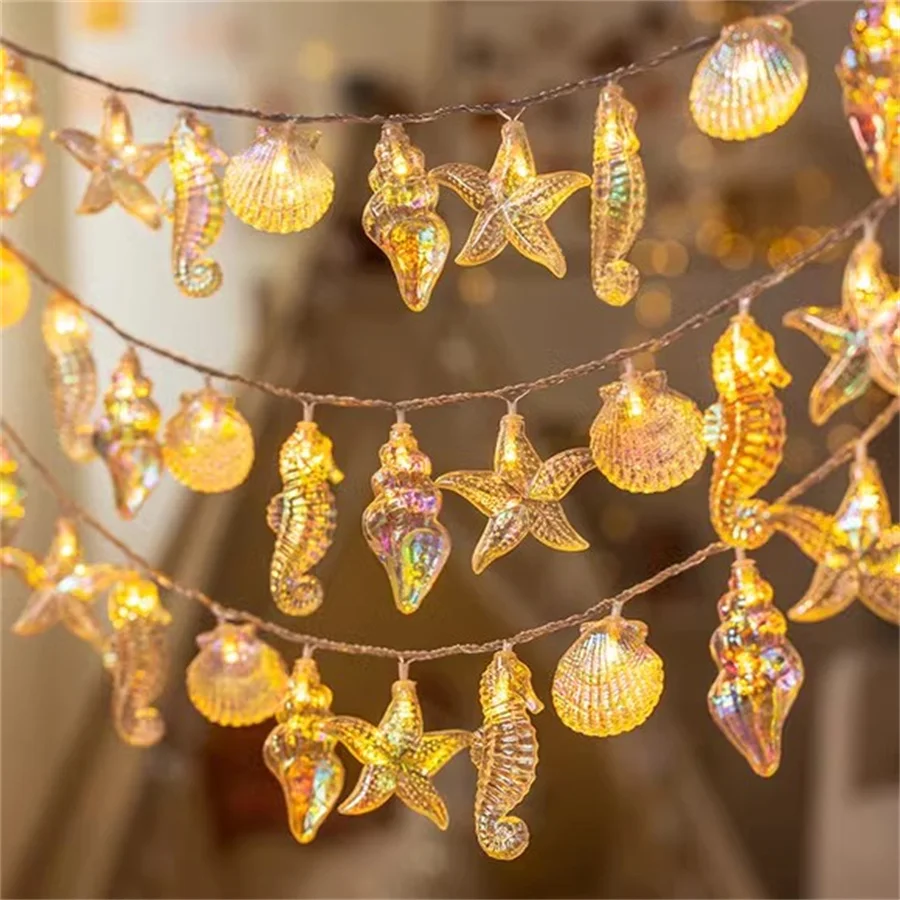 

20/40/100 LED Seashell Starfish Seahorse String Light Beach Theme Ocean Fairy Light for Tropical Nautical Theme Kids Party Decor