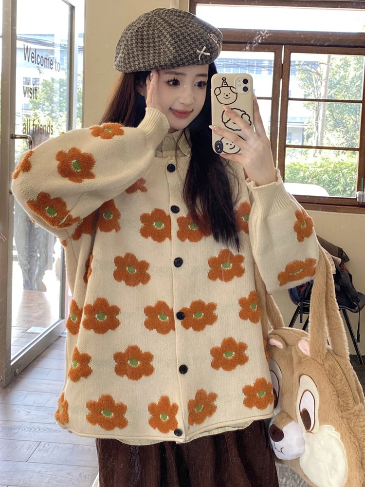 

Korean Lazy Sle 3D Flower Knitted Sweater Jaet Women's Autumn Winter plus Size Loose Sweet Youthful Open Cardigan