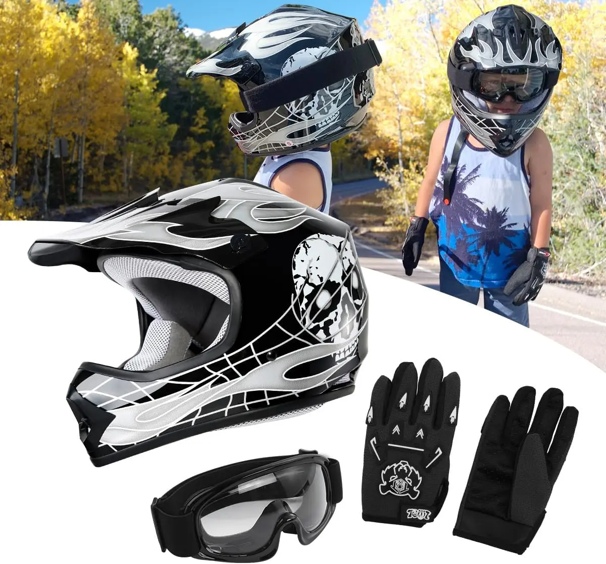 

DOT Certified Kids Motocross Helmet, Youth Offroad Dirt Bike ATV MX Skull Helmet with Goggles & Gloves
