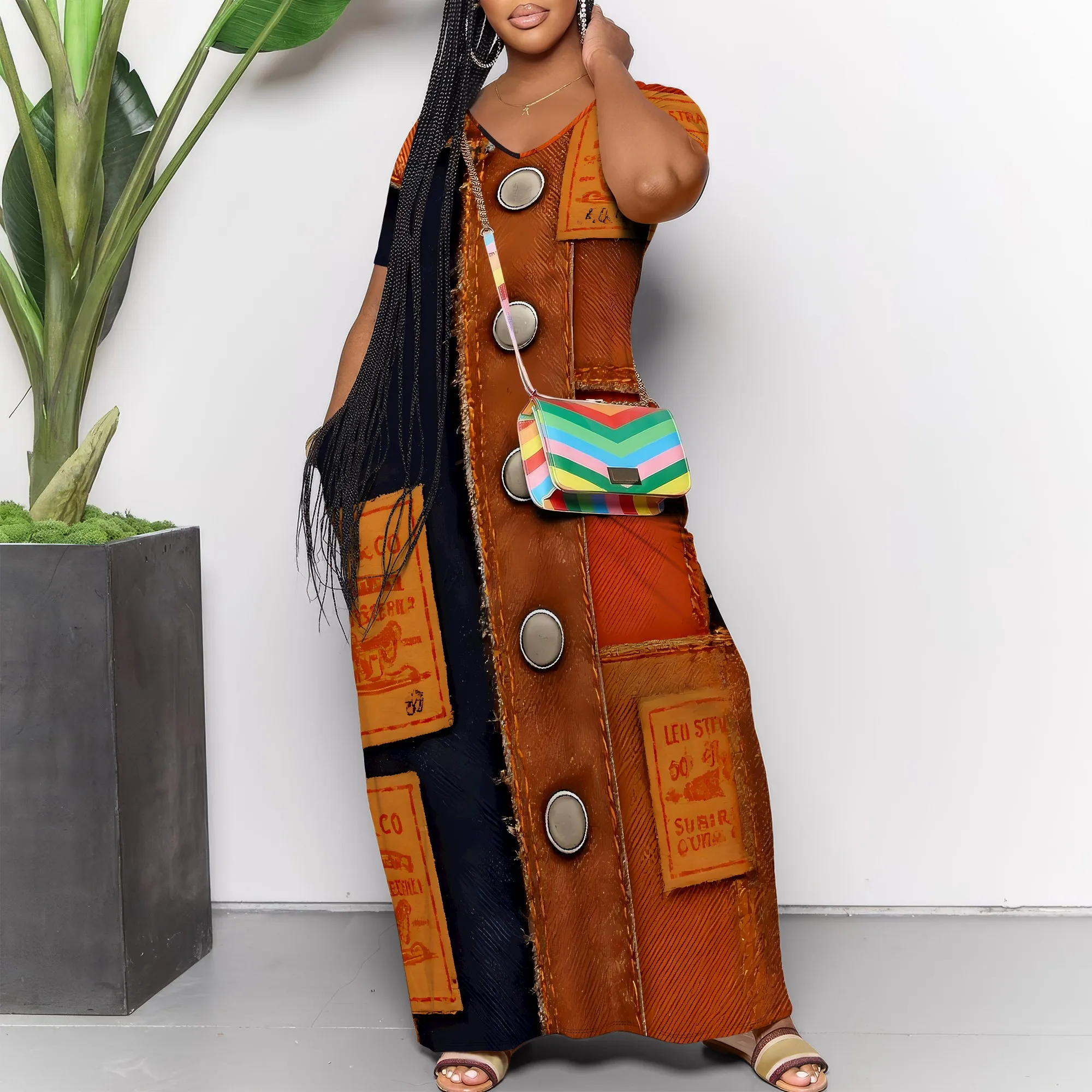 

Nupusa Standard Size Maxi Dress Patchwork Denim Print V Neck Short Sleeve Dress