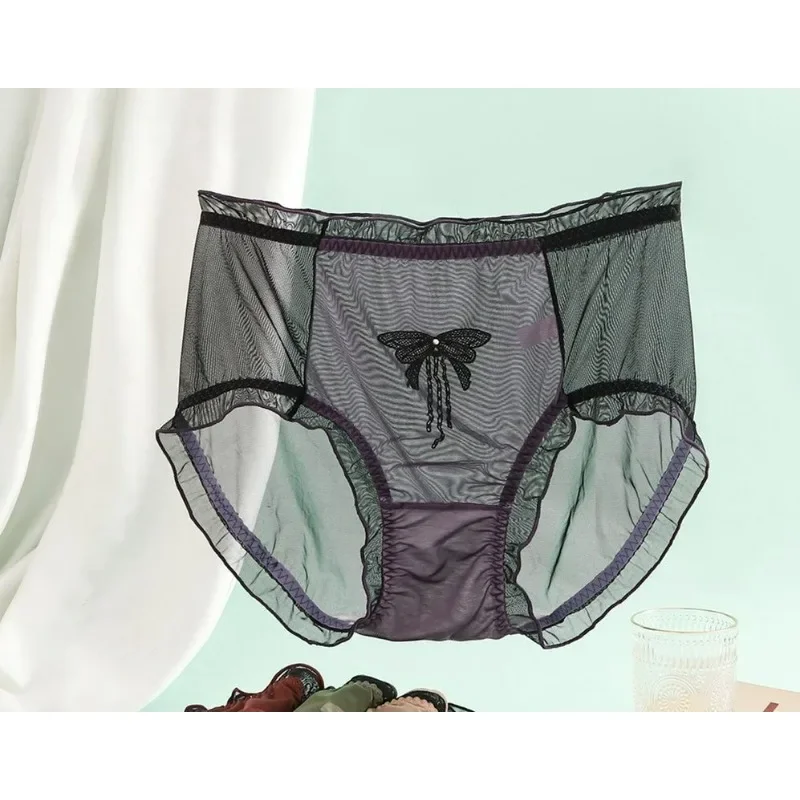 Bow Transparent Mesh Triangle Underwear Women Loose Sexy High Waist Light Skin Fashion Plus Size Women Underwear 2024 New